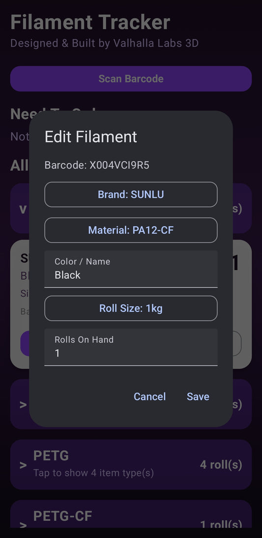 Mobile barcode scanning feature inside the Filament Tracker application for makers.