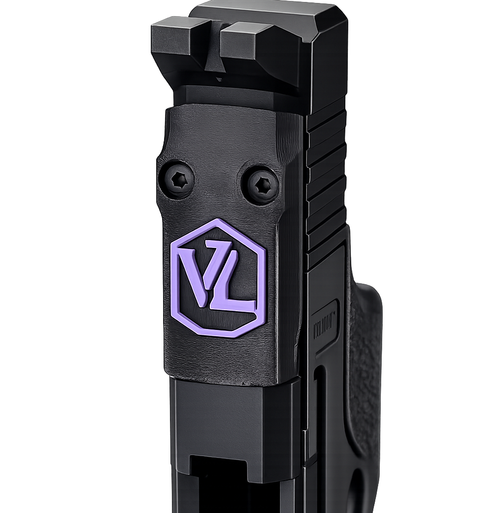 Low-profile black and purple cover plate installed on an RMSc footprint slide.