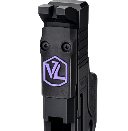 Low-profile black and purple cover plate installed on an RMSc footprint slide.
