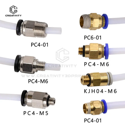 PTFE Tube Filament Feed Fittings for 3D Printers - 4mm Bore Pneumatic Couplers (M3, M5, M6 Thread Options)