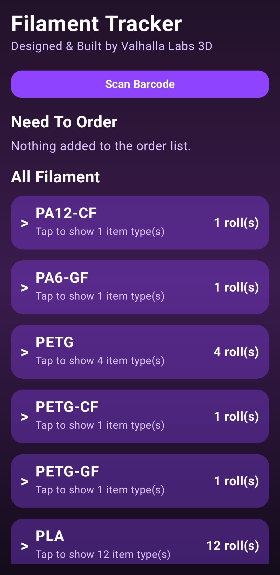 Filament Tracker Android app interface showing a 3D printing spool inventory list.