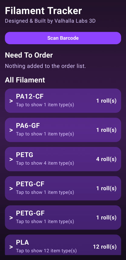 Filament Tracker Android app interface showing a 3D printing spool inventory list.