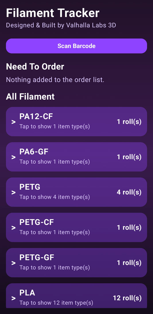Filament Tracker Android app interface showing a 3D printing spool inventory list.