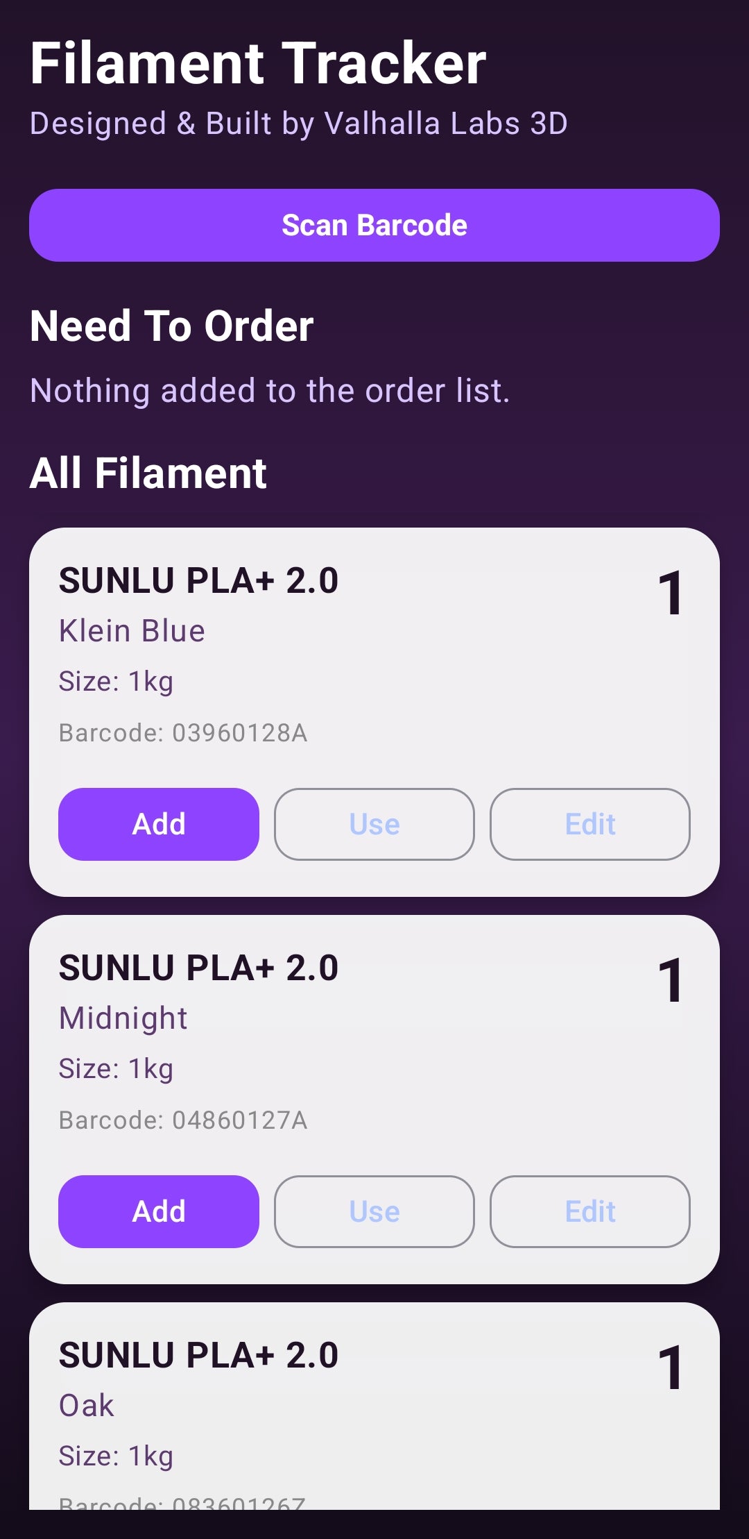 Android smartphone screen displaying filament brand, material, and weight tracking.