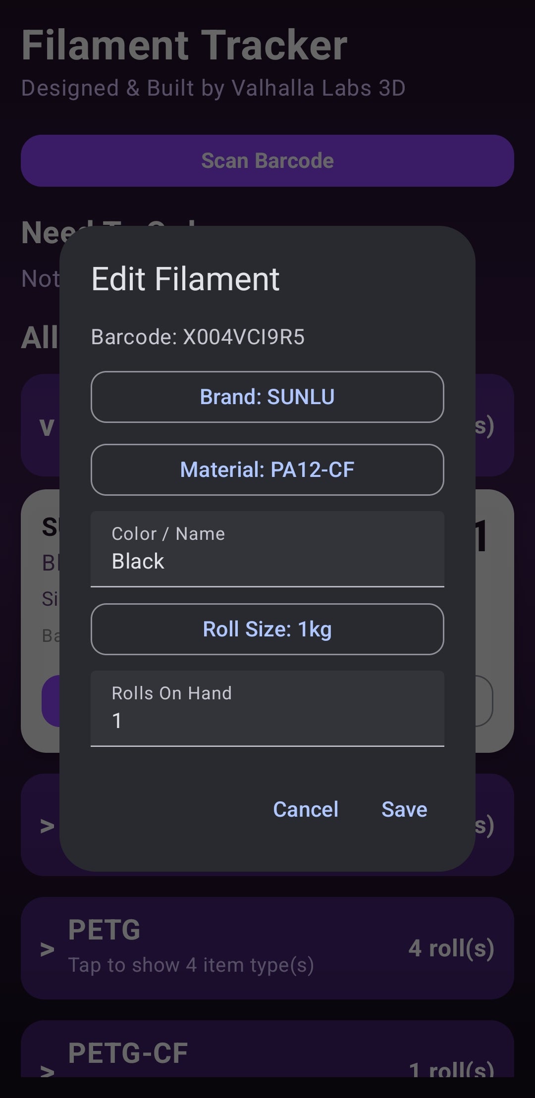 Mobile barcode scanning feature inside the Filament Tracker application for makers.