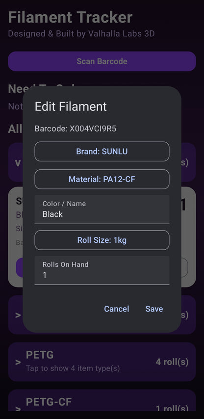 Mobile barcode scanning feature inside the Filament Tracker application for makers.